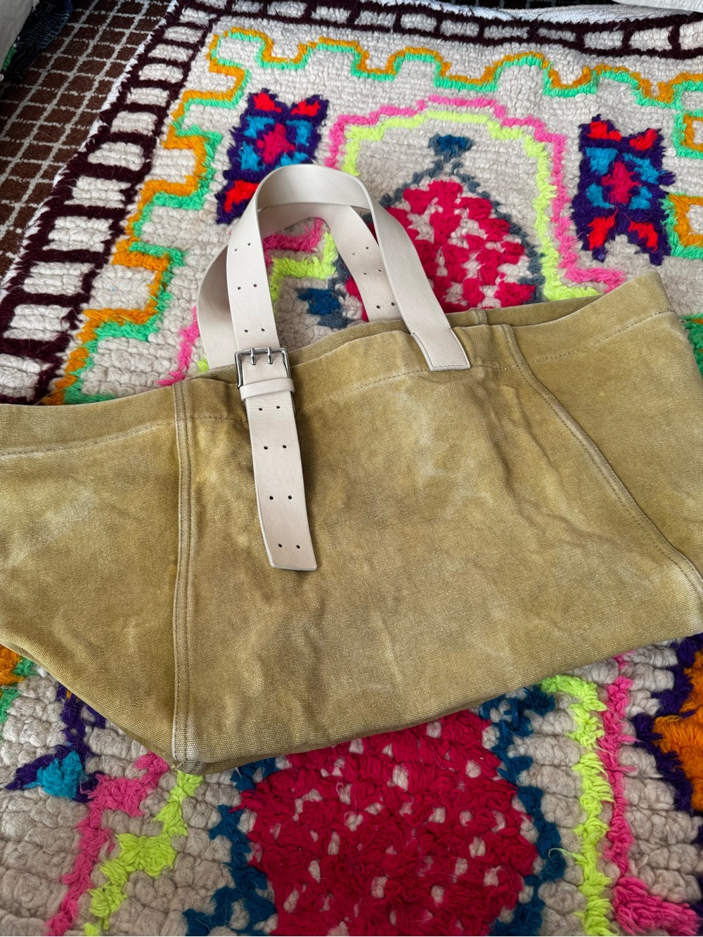 Zara Olive Canvas Tote Bag‎ Cream Buckle Strap - Picture 2 of 9